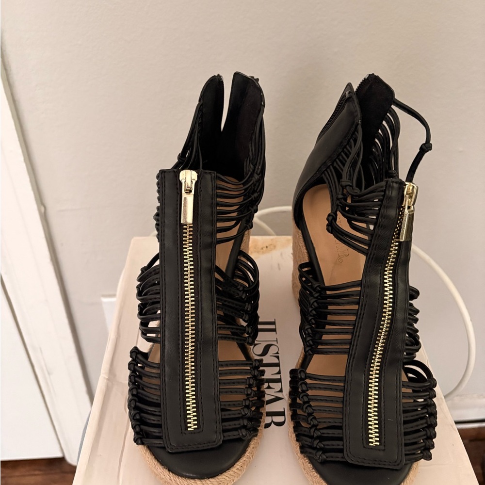 JustFab Black Espadrille Sandals with Gold Zipper